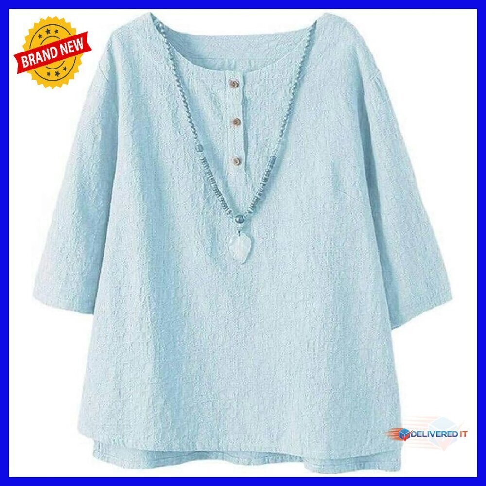 Cotton Linen 3/4 Sleeve Jacquard Button-Down Blouse Tunic Top